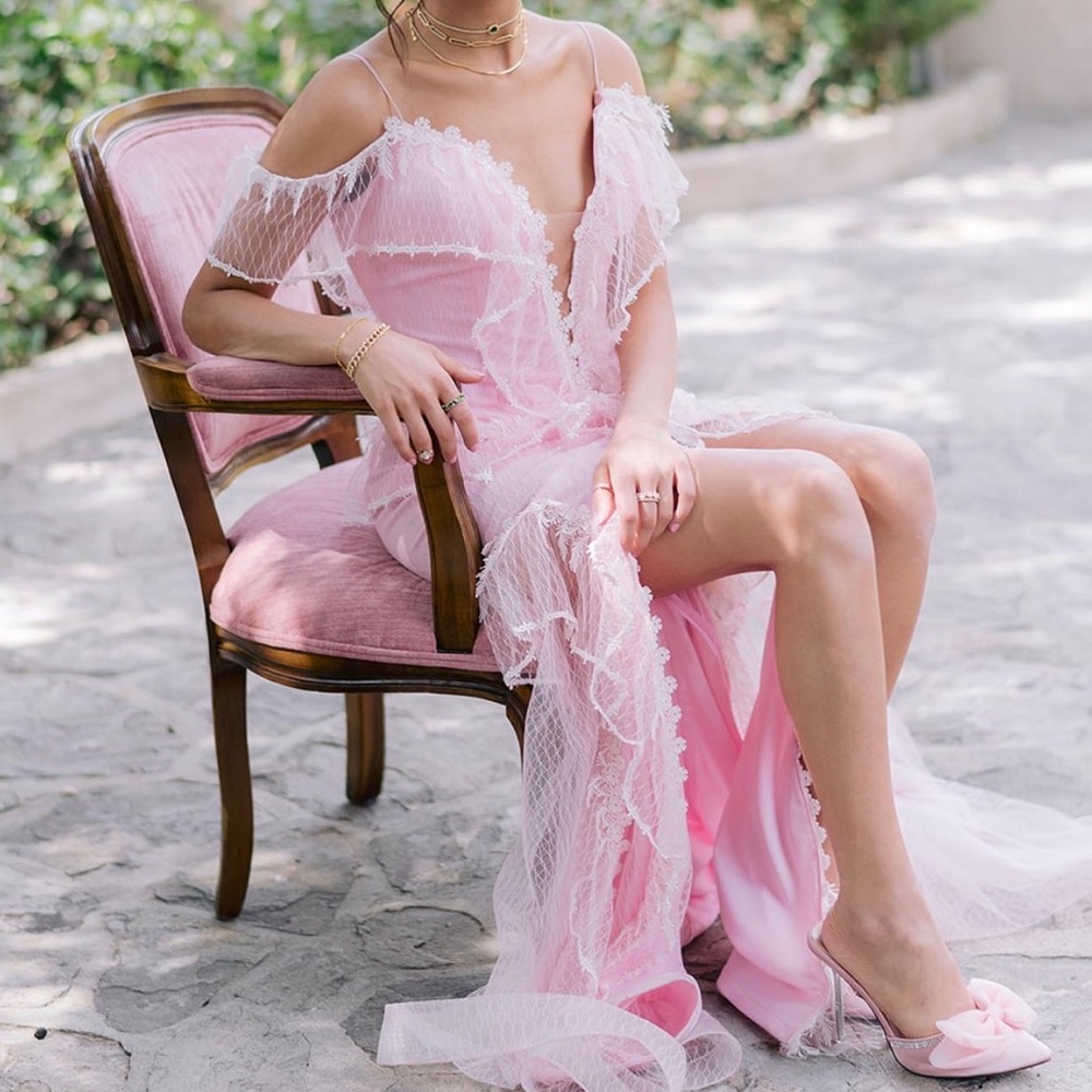 Tarik Ediz 50629 High Slit Pink Ruffle Dress